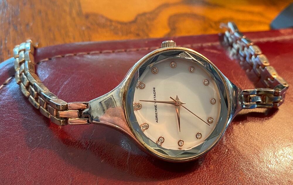 Women's 35mm Adrienne Vittadini Watch, Gold Tone, MOP Face, Crystal Time Markers